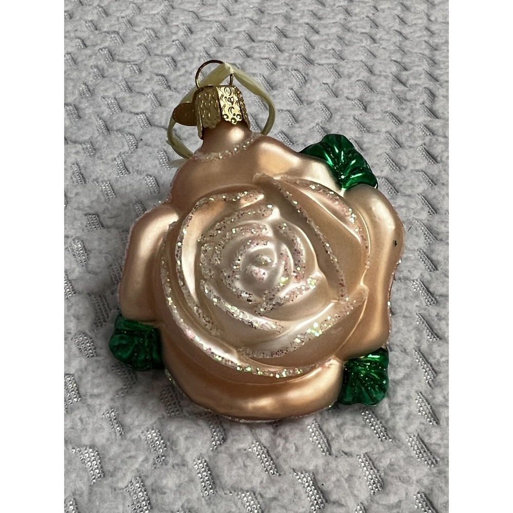 Old World Christmas Rose Glass Ornament Champagne Glitter Blown Glass Vtg OWC